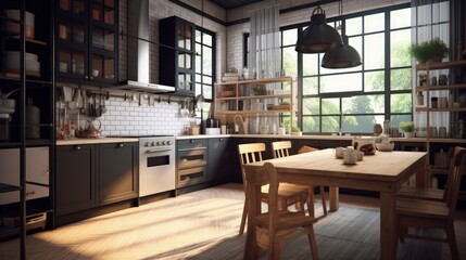Cozy interior of kitchen in country-style, wooden furniture, natural green decor and sofa. Large windows, natural light