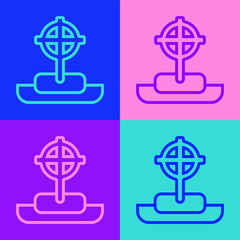Pop art line Tombstone with cross icon isolated on color background. Grave icon. Happy Halloween party. Vector