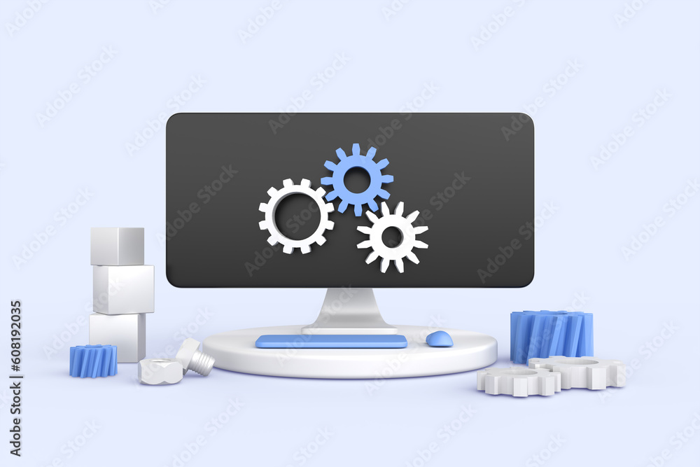 Poster computer settings with gear icons isometric 3d render. concept of computer service, system update, t
