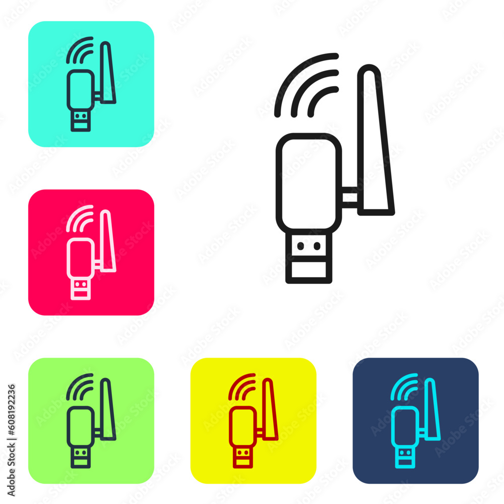 Poster black line usb wireless adapter icon isolated on white background. set icons in color square buttons