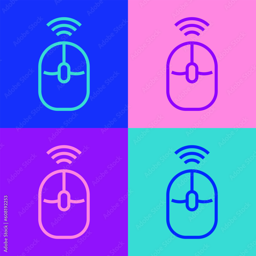Poster pop art line wireless computer mouse icon isolated on color background. optical with wheel symbol. v