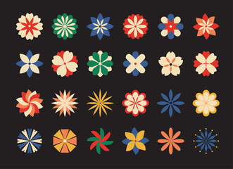 Fototapeta na wymiar Modern vintage geometric flowers. Abstract contemporary elements. Scandinavian folk art. Bauhaus memphis design.
