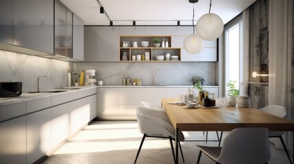 interior of spacious kitchen in a minimalist style, in light tones with gilded and stylish decor. generative AI image