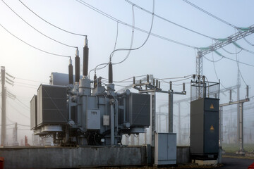 Electrical substation with transformers, equipment and high pylons in the mist on an early summer...
