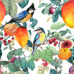 Tropical fruits and exotic birds lush seamless pattern: rich mango, orange fruit, leaves. Watercolor vibrant garden repeated background. Bright beautiful  design with summer plants and berries