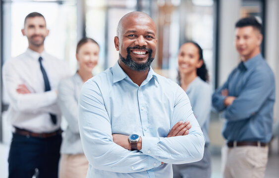 Smile, business people in portrait with black man and confidence at project management company. Teamwork, commitment and vision, happy team with manager and arms crossed in corporate startup office.