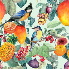 Tropical fruits and birds lush seamless pattern: rich mango, pineapple, orange fruit, , exotic leaves. Watercolor bright jungle repeated background. Botanical design with summer plants and berries