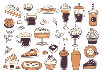 set of coffee and dessert food doodle icon