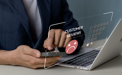 Customer Experience dissatisfied Concept, sadness emotion face on online Unhappy man customer giving survey, Bad review, bad service dislike bad quality, low rating, social media not good..