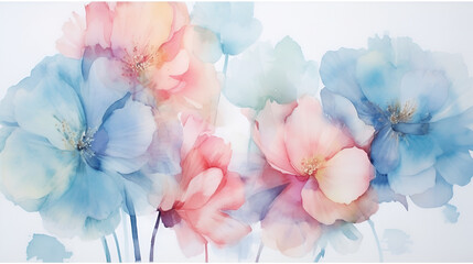 Fototapeta na wymiar Watercolor floral composition with blooming flowers in bright colors. Colorful botany horizontal AI illustration. For design, poster, fabric, wallpaper, invitation, wedding and greeting cards.