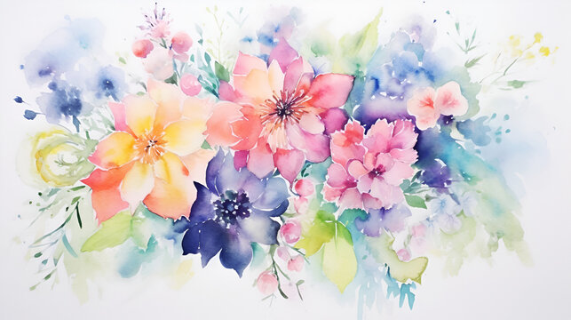 Watercolor floral composition with blooming flowers in bright colors. Colorful botany horizontal AI illustration. For design, poster, fabric, wallpaper, invitation, wedding and greeting cards.