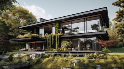 Fototapeta na wymiar Modern architectural house in nature Generative AI