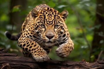 Fototapeta na wymiar close up of a jaguar jumping. Generative AI