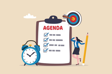 Meeting agenda, priority important task for discussion, objective or purpose to finish, planner or checklist for office work concept, smart business woman hold pencil write meeting agenda with clock.