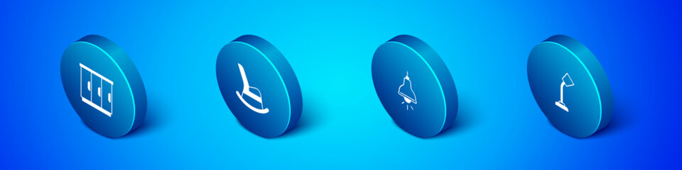 Set Isometric Wardrobe, Lamp hanging, Table lamp and Rocking chair icon. Vector