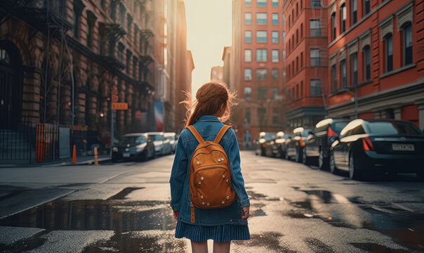 schoolgirl walking on the street, in the style of new york cityscape