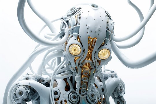 Alien robot attack. Science fiction character. Background in technology style. Generative AI. Digital illustration for for banner, flyer, poster, cover, brochure or presentation.
