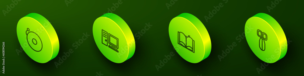 Poster set isometric line ringing alarm bell, computer monitor, open book and scissors icon. vector