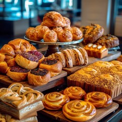 A display of artisanal baked goods, AI Generative.