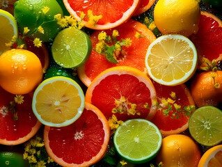Naklejka na ściany i meble Citrus fruits close-up, lemon, lime, many bright and colorful fruits close-up, fruity background. Generative Ai