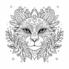 Front cat face decorated in mandala style patterns and leaves, for kids and teens