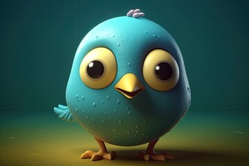 Funny image of a 3D cartoon bird in blue and yellow colors with a blue background. Generative AI