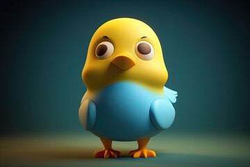 Fototapeta premium Funny image of a 3D cartoon bird in blue and yellow colors with a blue background. Generative AI