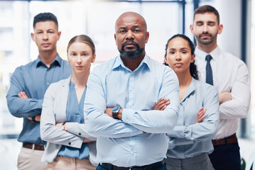 Diversity, group of business people in portrait with arms crossed at startup with confidence and pride. Teamwork, commitment and vision for confident lawyer team with winning mindset in legal office.