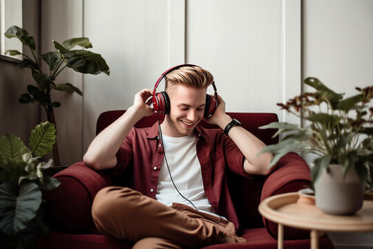 Young man sitting on sofa in headphones with closed eyes and smiling