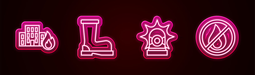 Set line Fire in burning buildings, boots, Flasher siren and No fire. Glowing neon icon. Vector