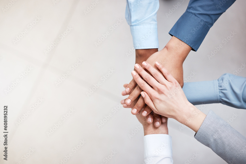 Poster hands, mockup and a business team in a huddle from above for support, motivation or solidarity. coll
