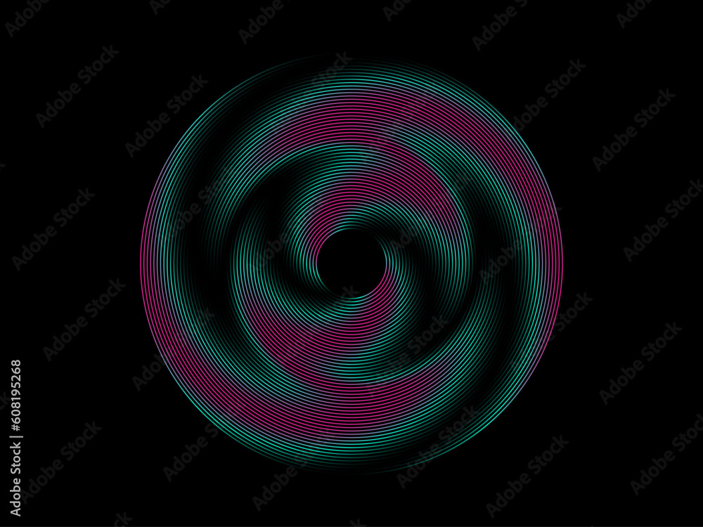 Poster Abstract colorful spectrum light lines weaving pattern in circle shape isolated on black background. Vector illustration in modern concept of science, music, technology.