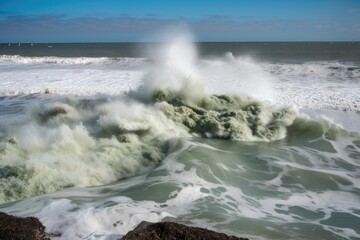 chemical waste spill in the ocean, with waves and foam visible, created with generative ai
