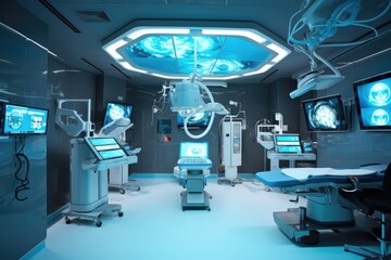 a futuristic operating room, equipped with advanced medical tools and state-of-the-art technology, created with generative ai