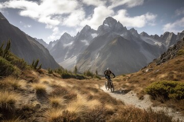 Fototapeta na wymiar mountain biker riding through vast and pristine wilderness, with towering peaks in the background, created with generative ai