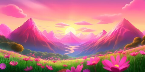 illustration background mountain with foreground pink flowers, colors pink, purple. cartoon