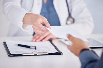 Doctor, hands and customer with documents for prescription or healthcare consultation on office desk. Hand of medical professional giving doctors note to patient in consult or diagnosis at the clinic