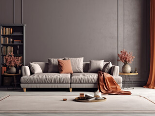 Living room interior with grey sofa, two coffee tables on the carpet and the floor lamp. Empty gray wall mockup. A pile of books on the carpet, a candle and flowers on the table