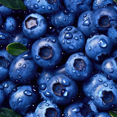 Seamless pattern background, texture of blueberries close-up with leaves.
