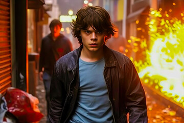 Fototapeta premium A boy walking and looking straight ahead, action movie style, something is on fire, portrait, generative ai
