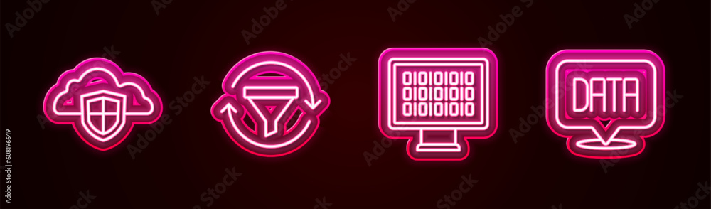 Poster set line cloud and shield, sales funnel with chart, binary code and data analysis. glowing neon icon