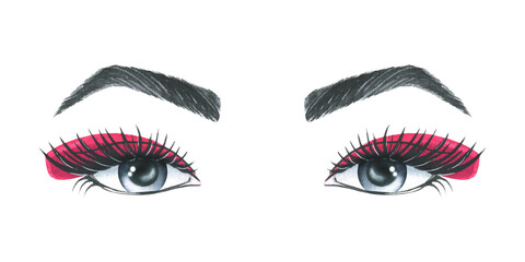 Women's eyes with eyebrows, with pink makeup. Watercolor illustration, hand drawn. Isolated composition on a white background.