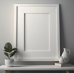 Empty frame mockup mounted in a wall, white frame mockup. Generative AI.