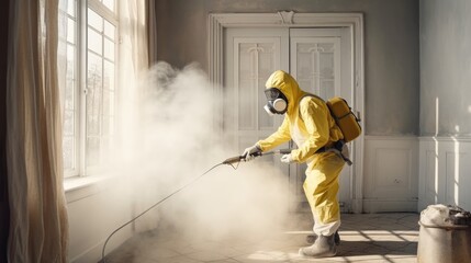 An exterminator in work clothes sprays pesticides with a spray gun. Fight against insects in apartments and houses. Disinsection of the premises, ai generative