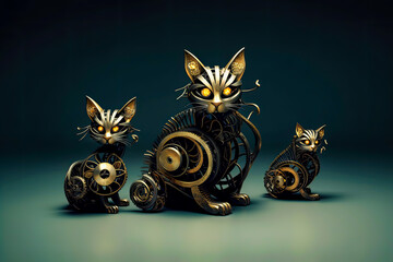 Precious cats in an intricate spiral sculpture style, brown and gold, abstract, generative ai