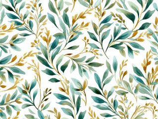Seamless watercolor floral pattern - green leaves and branches composition on white background