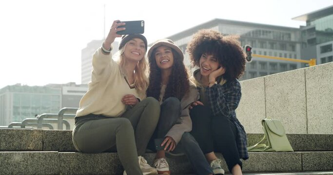 Selfie, gen z and friends on building steps with peace sign, smile and happy for photo in a city. Social media, women and fashion influencer group together for profile picture, blog or live streaming