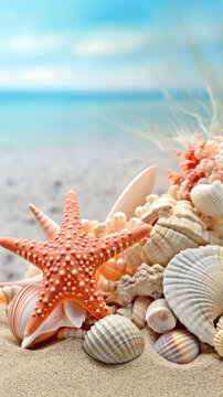 sea shells and starfish on the beach