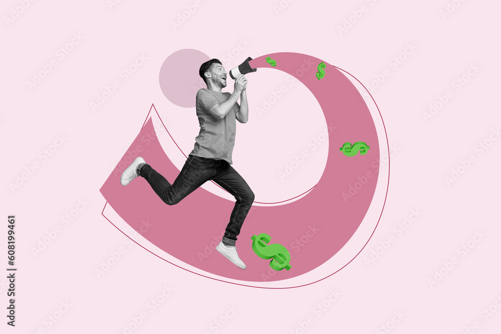 Sticker Full body collage of excited guy jumping scream megaphone financial changes news announcement dollars money isolated on pink background