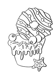 contour line illustration cartoon style food sweet cupcake with berries and donut design element coloring book sticker cover logo print